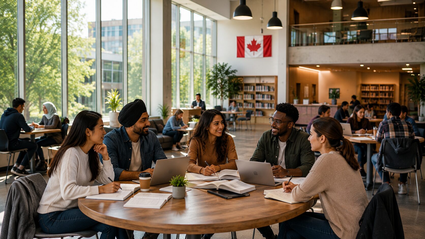 Students and professionals collaborating in a modern Canadian learning environment for bridging and career development programs