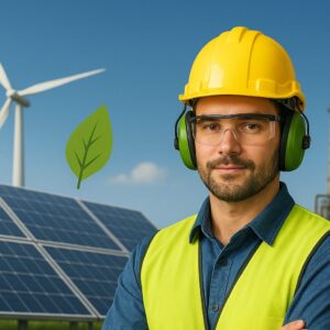 Worker wearing safety gear in an industrial environment with solar panels, wind turbines, and environmental safety elements for OHSA course