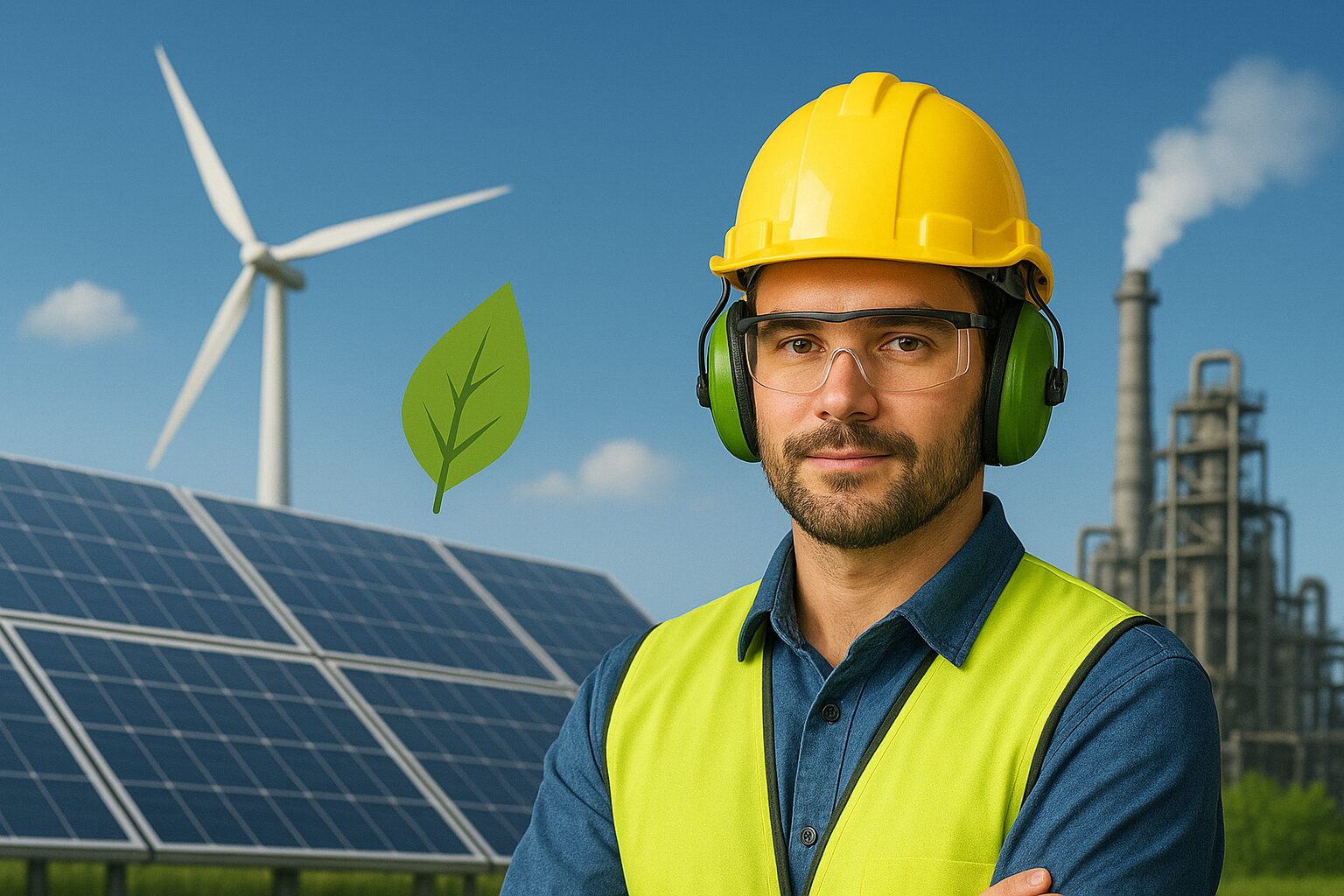 Worker wearing safety gear in an industrial environment with solar panels, wind turbines, and environmental safety elements for OHSA course