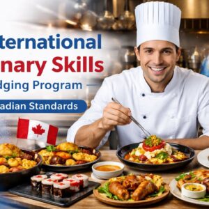 Professional chef presenting international cuisine in a modern Canadian-standard kitchen, representing the International Culinary Skills Bridging Program