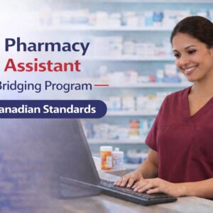 Pharmacy assistant in burgundy scrubs working at a pharmacy counter in a Canadian community pharmacy, representing the Pharmacy Assistant Bridging Program (Canadian Standards).