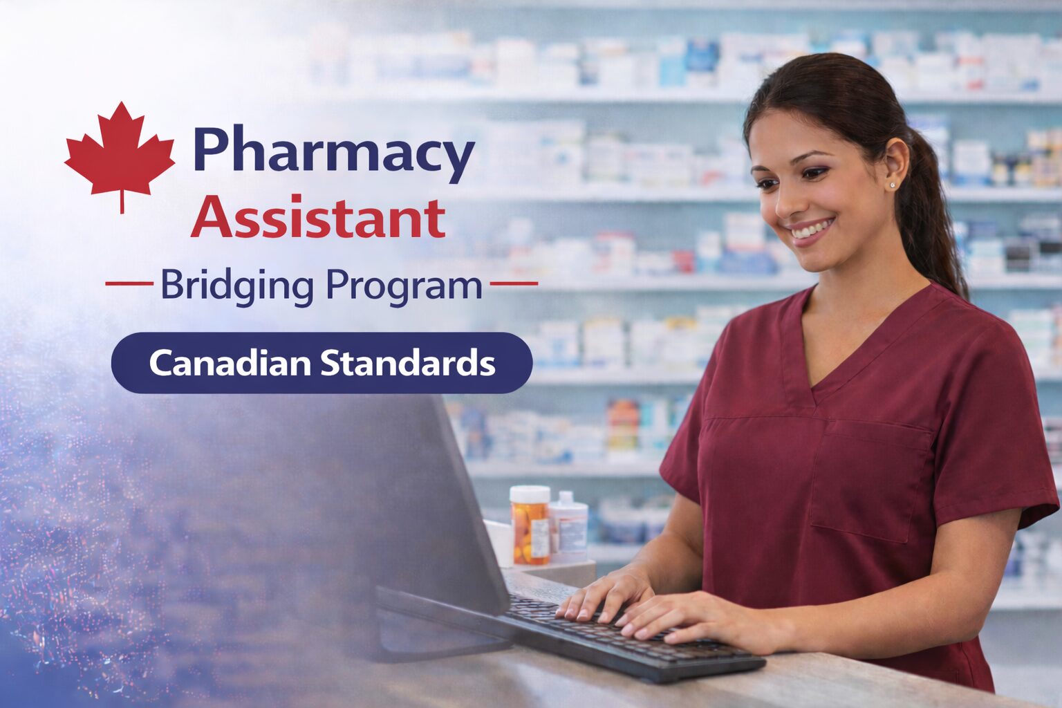 Pharmacy assistant in burgundy scrubs working at a pharmacy counter in a Canadian community pharmacy, representing the Pharmacy Assistant Bridging Program (Canadian Standards).