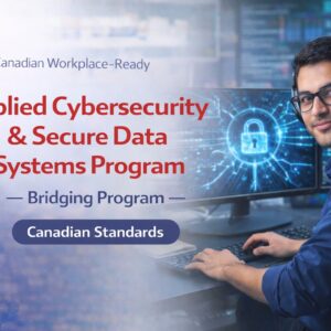 Professional working at a computer with cybersecurity lock interface on screen, representing the Applied Cybersecurity & Secure Data Systems Bridging Program.