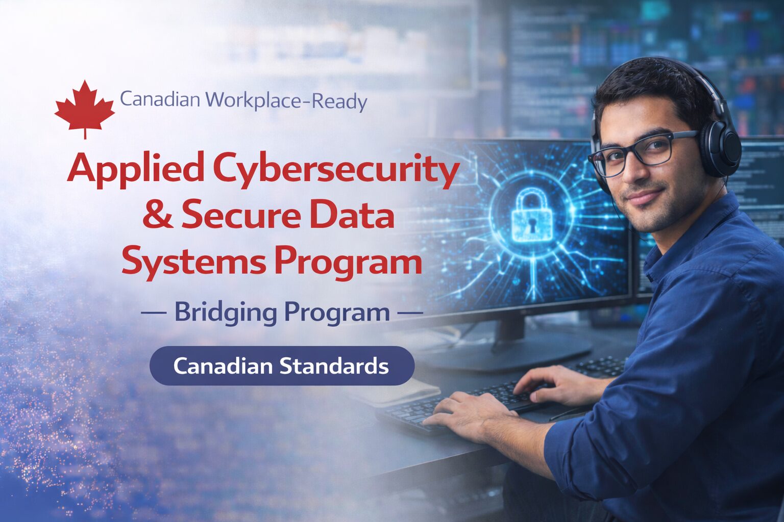Professional working at a computer with cybersecurity lock interface on screen, representing the Applied Cybersecurity & Secure Data Systems Bridging Program.