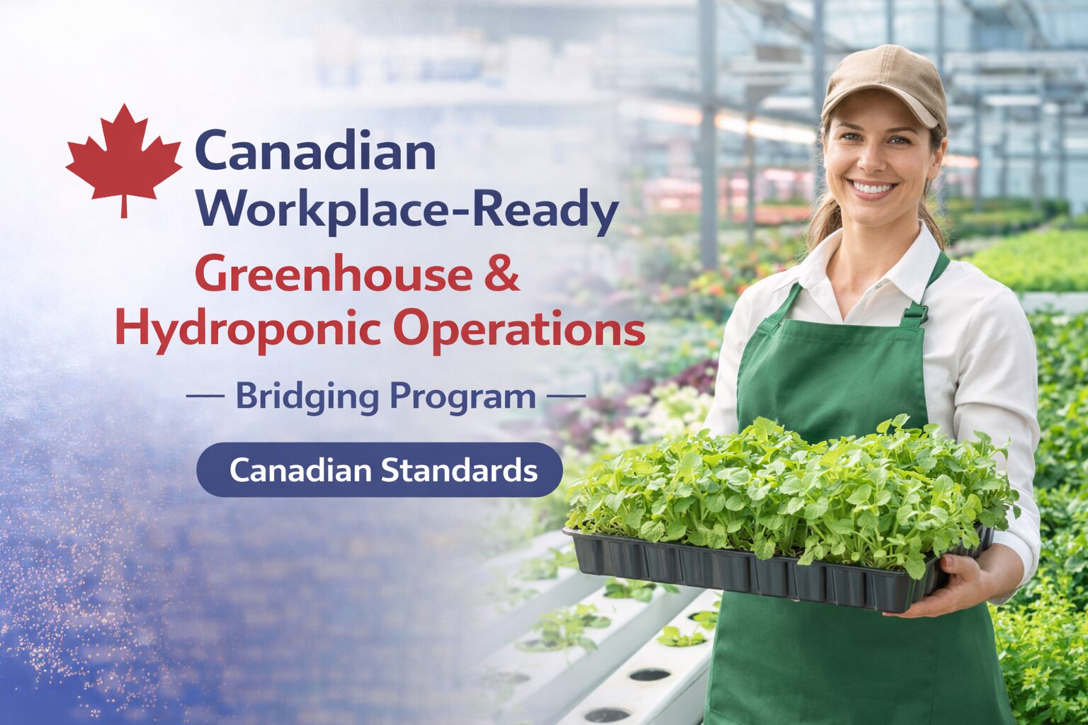 Worker in a modern greenhouse holding a tray of hydroponic leafy greens, representing the Canadian Workplace-Ready Greenhouse & Hydroponic Operations Bridging Program (Canadian Standards).