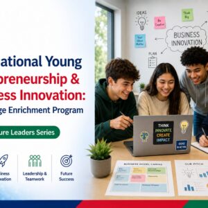 High school students collaborating on a business innovation project in the International Young Entrepreneurship & Business Innovation: Pre-College Enrichment Program, preparing for future college studies and entrepreneurial success.