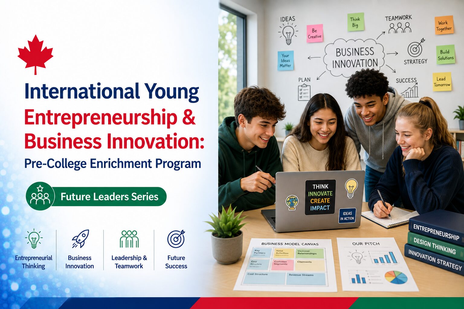 High school students collaborating on a business innovation project in the International Young Entrepreneurship & Business Innovation: Pre-College Enrichment Program, preparing for future college studies and entrepreneurial success.
