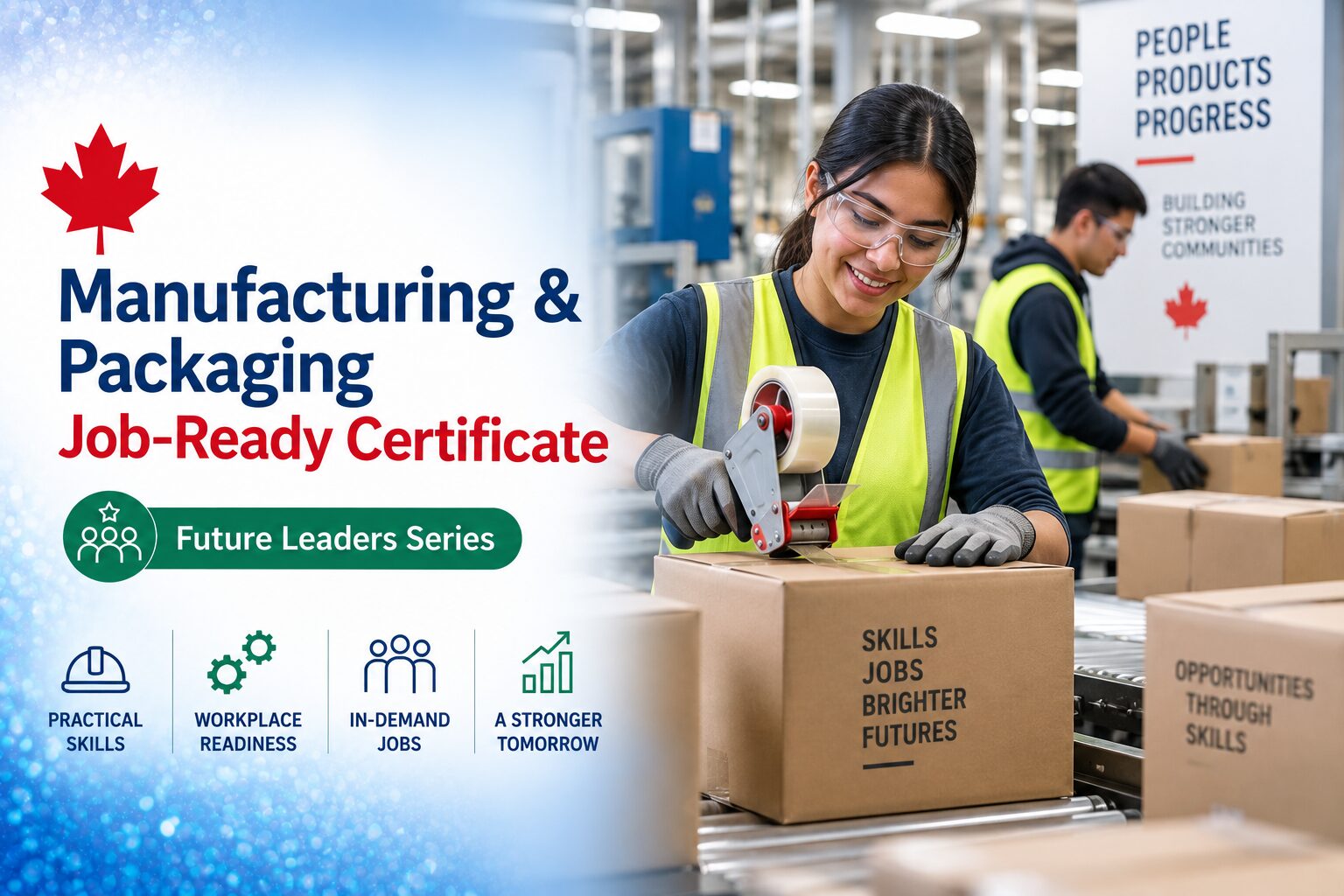Manufacturing and packaging worker gaining practical job-ready skills in a modern Canadian production and packaging environment.